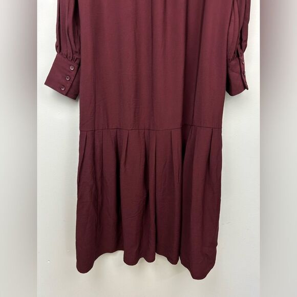 Loft Pleated Waist Midi Dress NO TIE Deep Burgundy Long Sleeve Button Front 12P - Picture 14 of 16